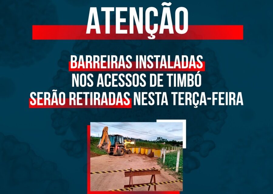 Barreiras instaladas nos acessos de Timbó serão retiradas nesta terça-feira