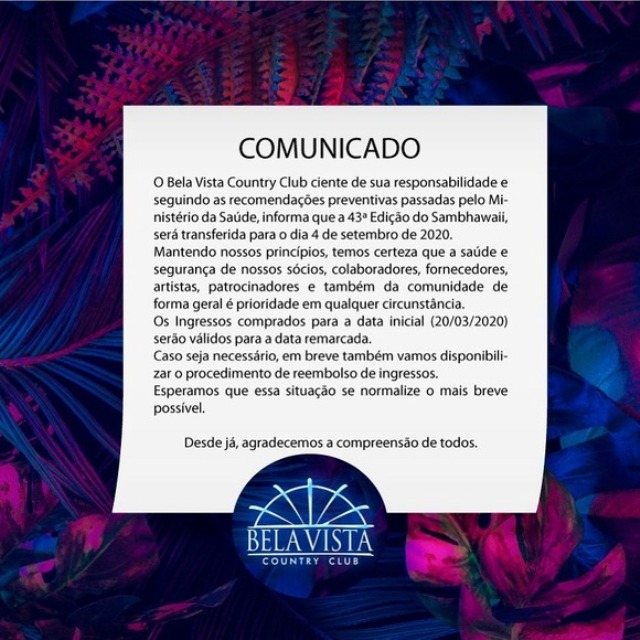 Edição do Sambhawaii será transferida para o dia 4 de setembro de 2020 Edição do Sambhawaii será transferida para o dia 4 de setembro de 2020