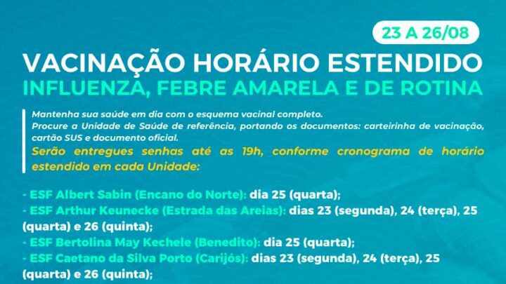Indaial – Unidades de Saúde têm horário estendido para intensificar imunização contra a Influenza e Febre amarela