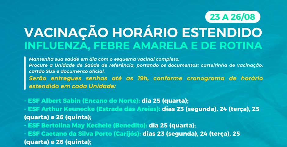 Indaial – Unidades de Saúde têm horário estendido para intensificar imunização contra a Influenza e Febre amarela Indaial – Unidades de Saúde têm horário estendido para intensificar imunização contra a Influenza e Febre amarela