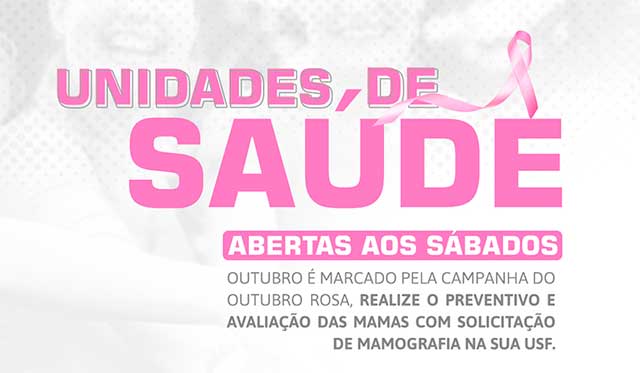 Unidades de Saúde da Família têm atendimento para exame preventivo aos sábados durante o Outubro Rosa Unidades de Saúde da Família têm atendimento para exame preventivo aos sábados durante o Outubro Rosa