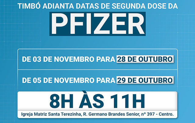 Timbó adianta datas de segunda dose da vacina Pfizer