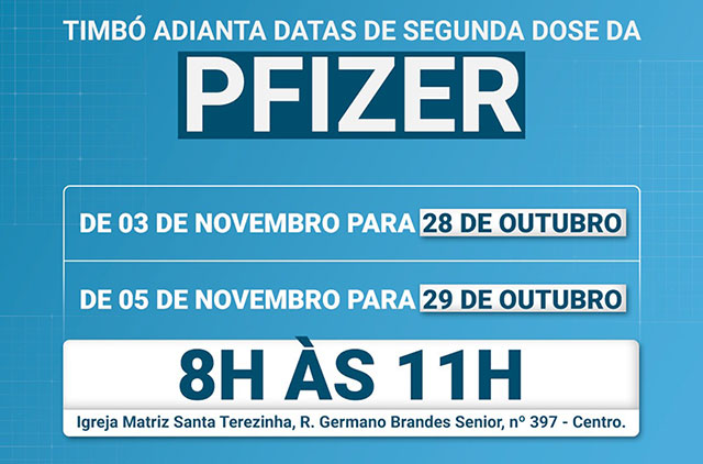 Timbó adianta datas de segunda dose da vacina Pfizer