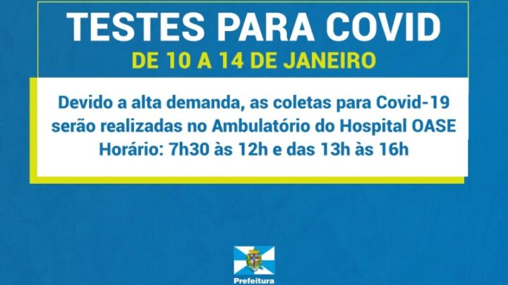 Testes para Covid-19 serão realizados no Ambulatório do Hospital Oase na próxima semana