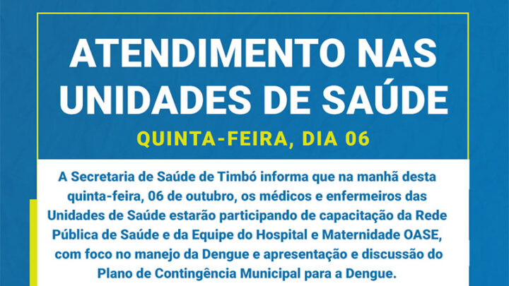 Unidades de Saúde de Timbó tem atendimento reduzido nesta quinta-feira de manhã