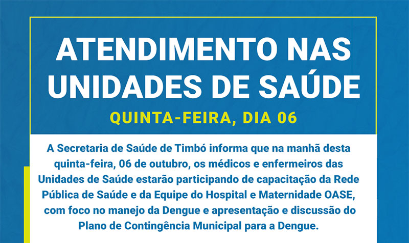 Unidades de Saúde de Timbó tem atendimento reduzido nesta quinta-feira de manhã