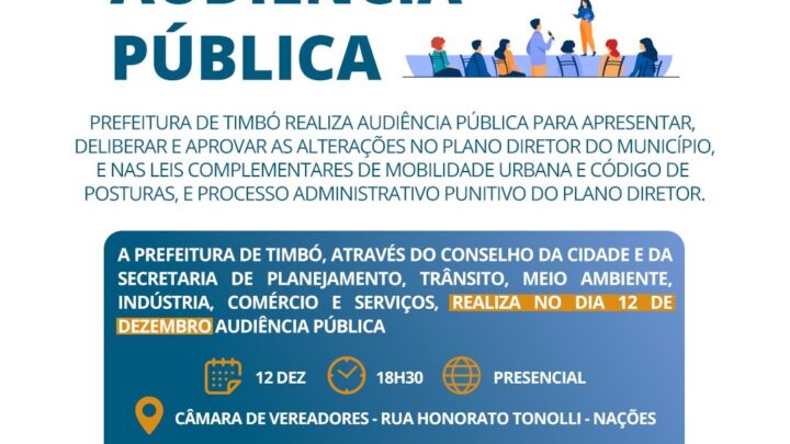 Prefeitura de Timbó realiza audiência pública sobre alterações no Plano Diretor do município