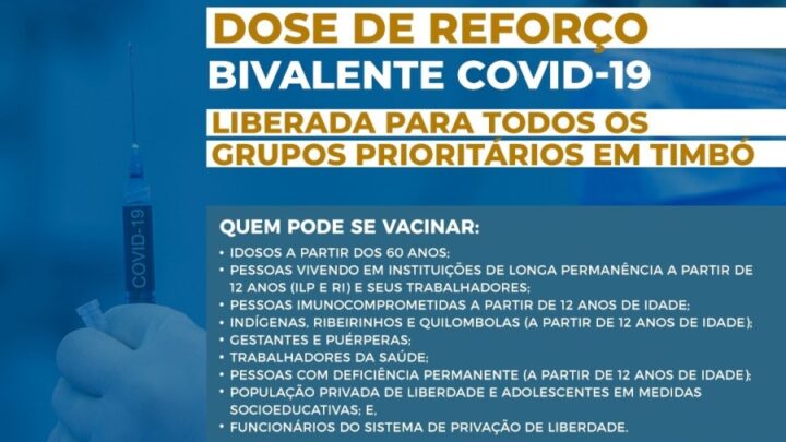 Dose bivalente da vacina contra Covid-19 é liberada para todos os grupos prioritários em Timbó