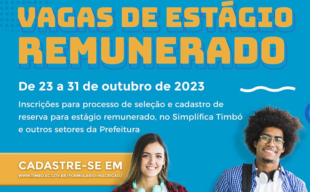 Inscrições abertas para vagas de estágio remunerado na Prefeitura de Timbó