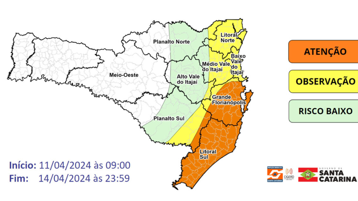 Nota meteorológica conjunta SDC – Epagri/Ciram 11/04: Chuva persistente e volumosa a partir de hoje em Santa Catarina