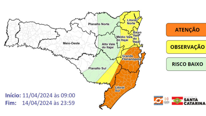 Nota meteorológica conjunta SDC – Epagri/Ciram 11/04: Chuva persistente e volumosa a partir de hoje em Santa Catarina