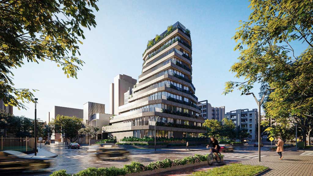 Kaiserstraße: projeto residencial que se comprime verticalmente traz terraços exclusivos em cada andar