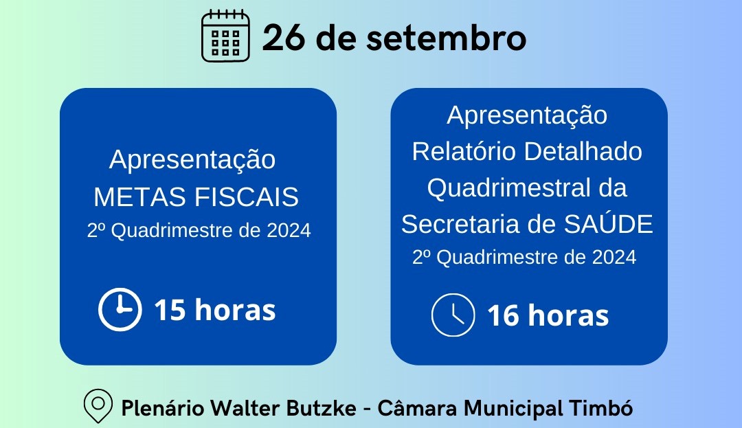 Câmara Municipal de Timbó realiza, dia 26, Audiências Públicas sobre Metas Fiscais e Relatório Detalhado da Secretaria de Saúde Câmara Municipal de Timbó realiza, dia 26, Audiências Públicas sobre Metas Fiscais e Relatório Detalhado da Secretaria de Saúde