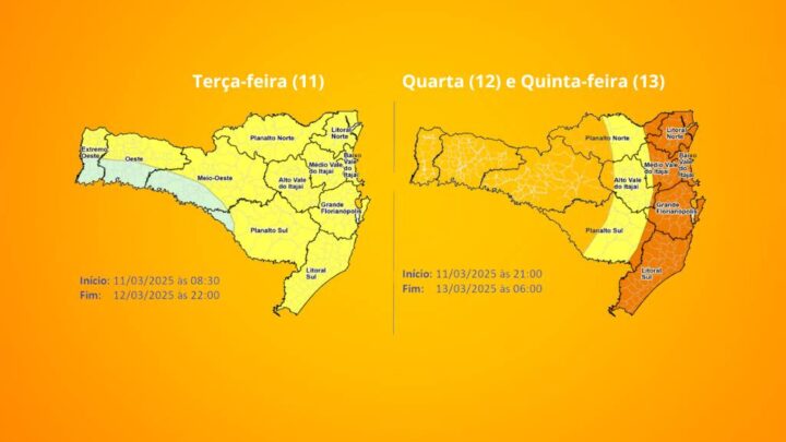 Atenção Meteorológica SDC/SC – Temporais isolados e chuva intensa e volumosa entre terça (11) e quinta-feira (13)