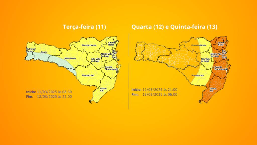 Atenção Meteorológica SDC/SC – Temporais isolados e chuva intensa e volumosa entre terça (11) e quinta-feira (13) Atenção Meteorológica SDC/SC – Temporais isolados e chuva intensa e volumosa entre terça (11) e quinta-feira (13)