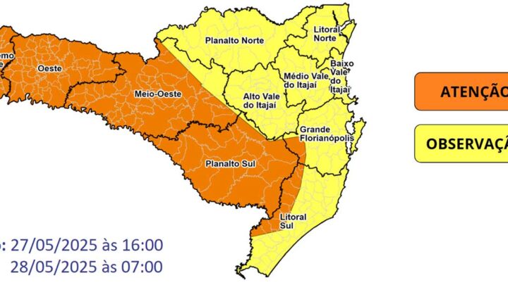 Atenção Meteorológica SDC/SC – Temporais com vendaval entre a tarde de terça-feira (27) e a manhã de quarta-feira (28)