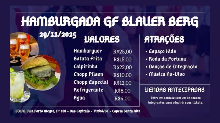 1ª Hamburgada do Volkstanzgruppe Blauer Berg promete noite de sabores, música e diversão em família!