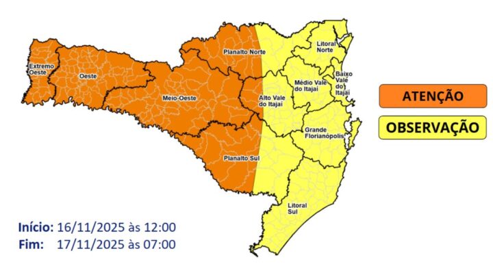 SC: Temporais e chuva intensa no domingo (16) e segunda (17). Alerta!