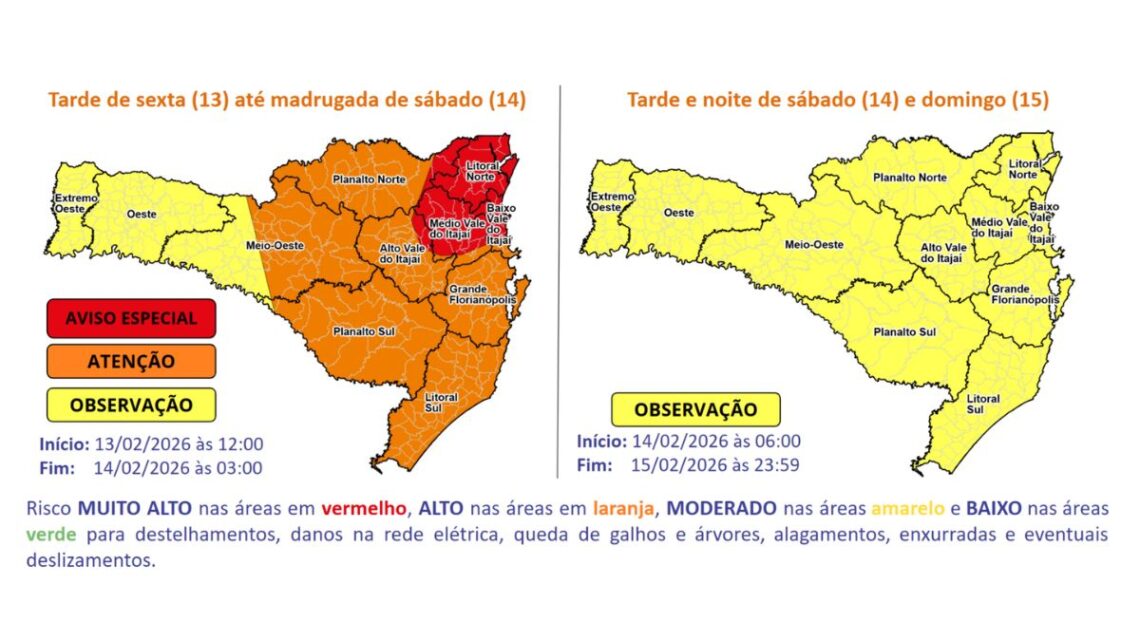 Alerta SC: Chuva volumosa e temporais de sexta (13) a domingo (15)