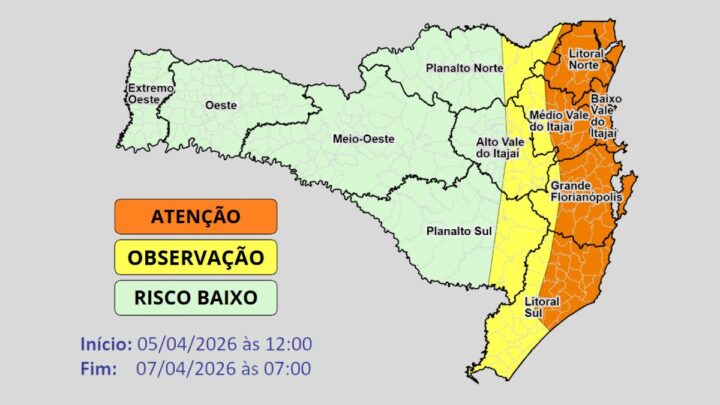Atenção SDC: Chuva forte no Litoral e temporais em SC de domingo a terça-feira