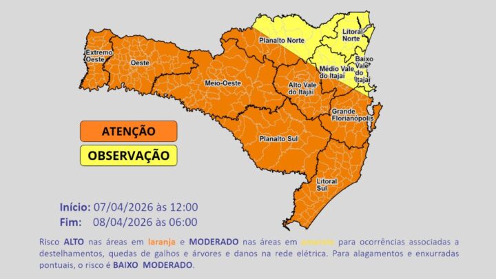SDC/SC Alerta: Risco de Temporais e Ventos Fortes entre Hoje e Amanhã