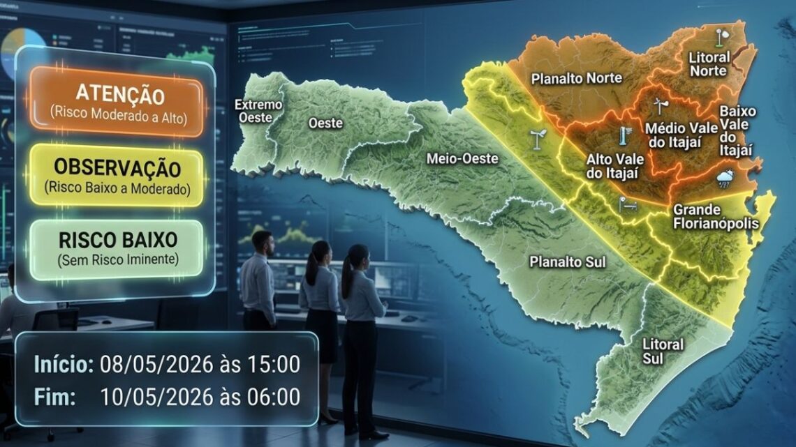 SDC/SC: Aviso de chuvas intensas em Santa Catarina entre 08/05 e 10/05